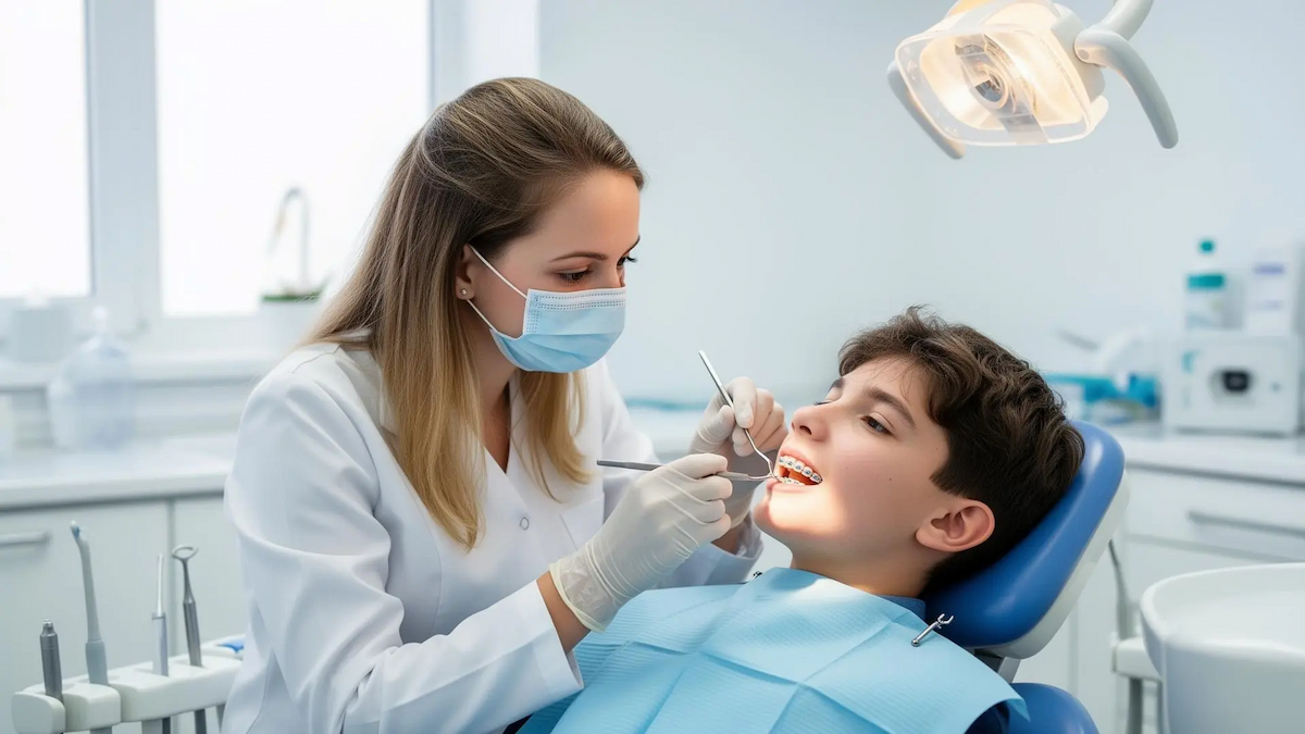 A dentist fixing braces on a patient