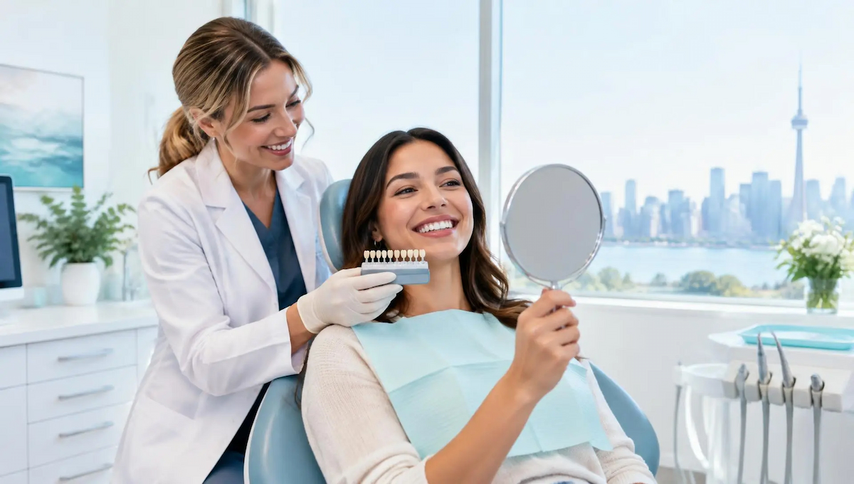 A dentist holding a shade guide beside a patient admiring her smile in the mirror, with a Toronto skyline view