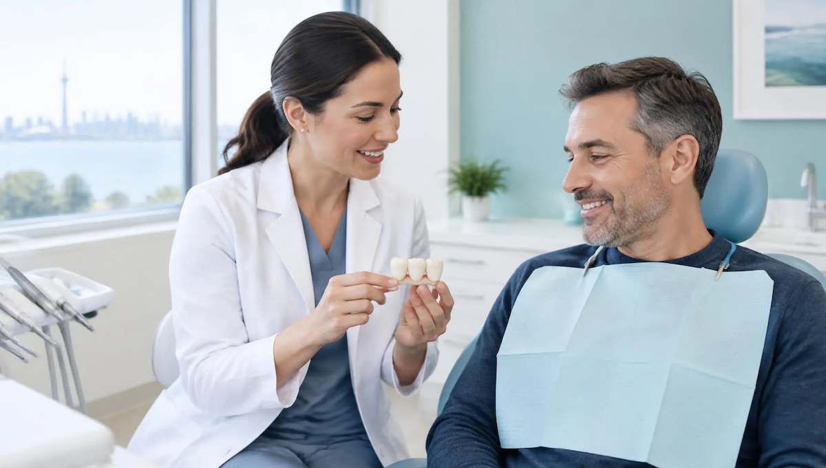 Dentist explaining a porcelain dental bridge to a patient during a cost consultation