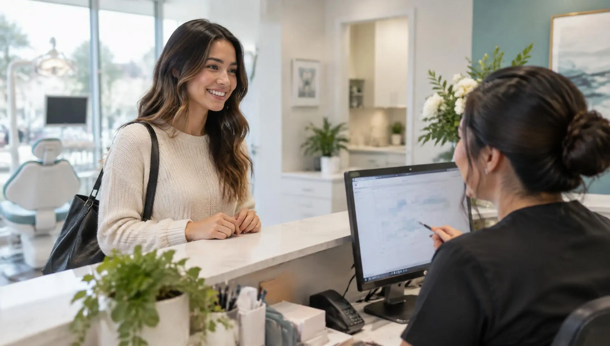 Patient booking a dentist appointment at a clinic front desk with a receptionist