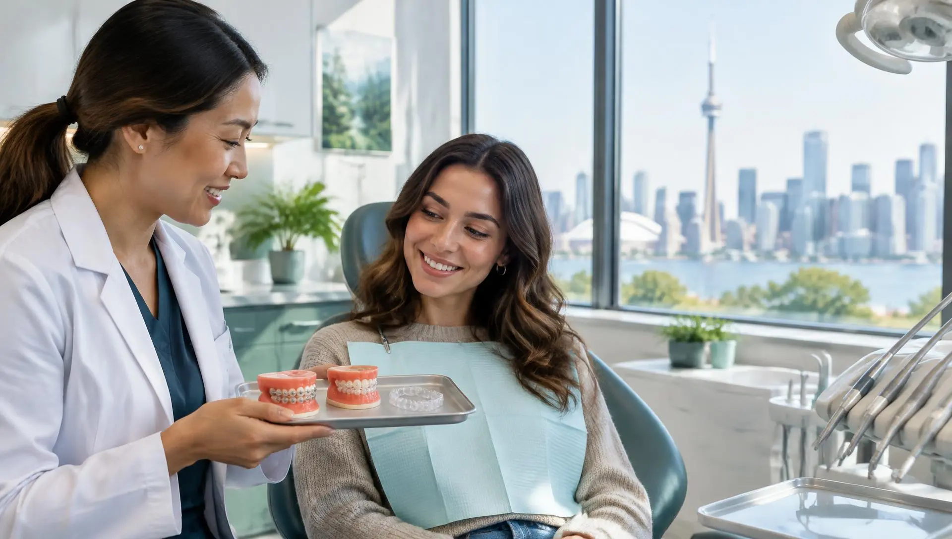 Dentist comparing metal braces, ceramic braces and clear aligners with a patient.