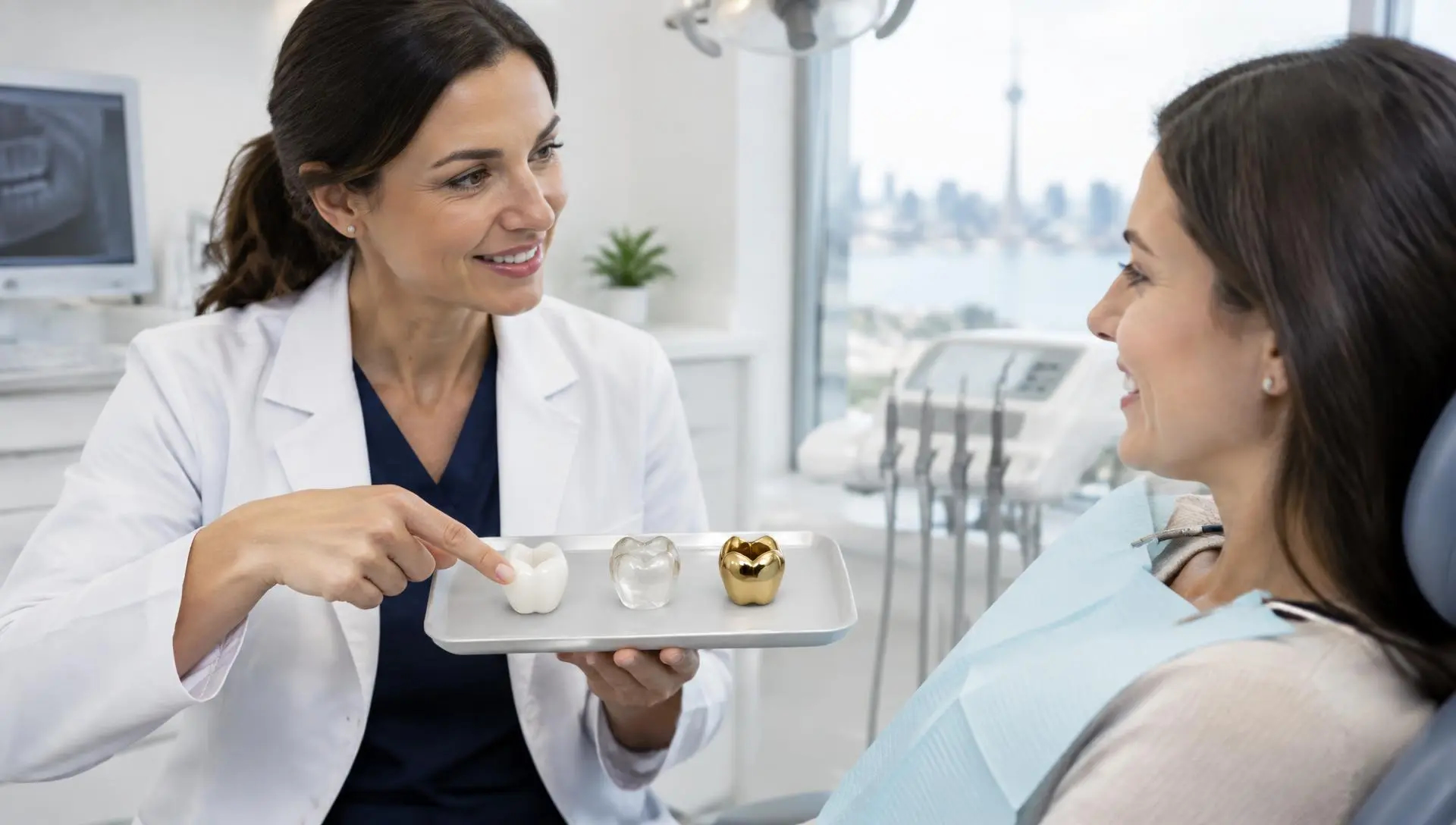 Dentist comparing porcelain, zirconia and gold crown models with a patient