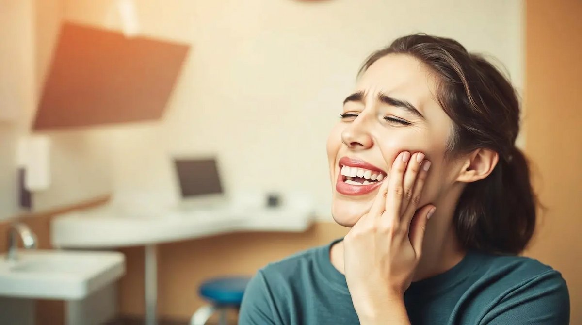 A woman with a hand of her cheek, in pain
