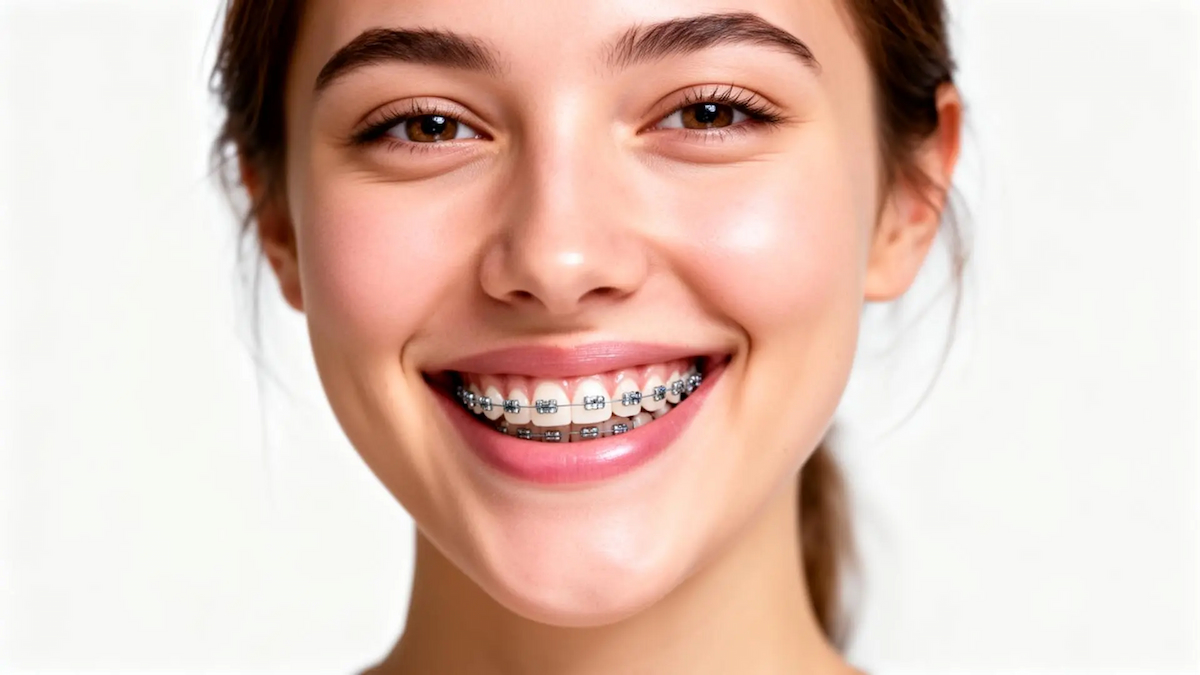 A woman smiling with braces on teeth